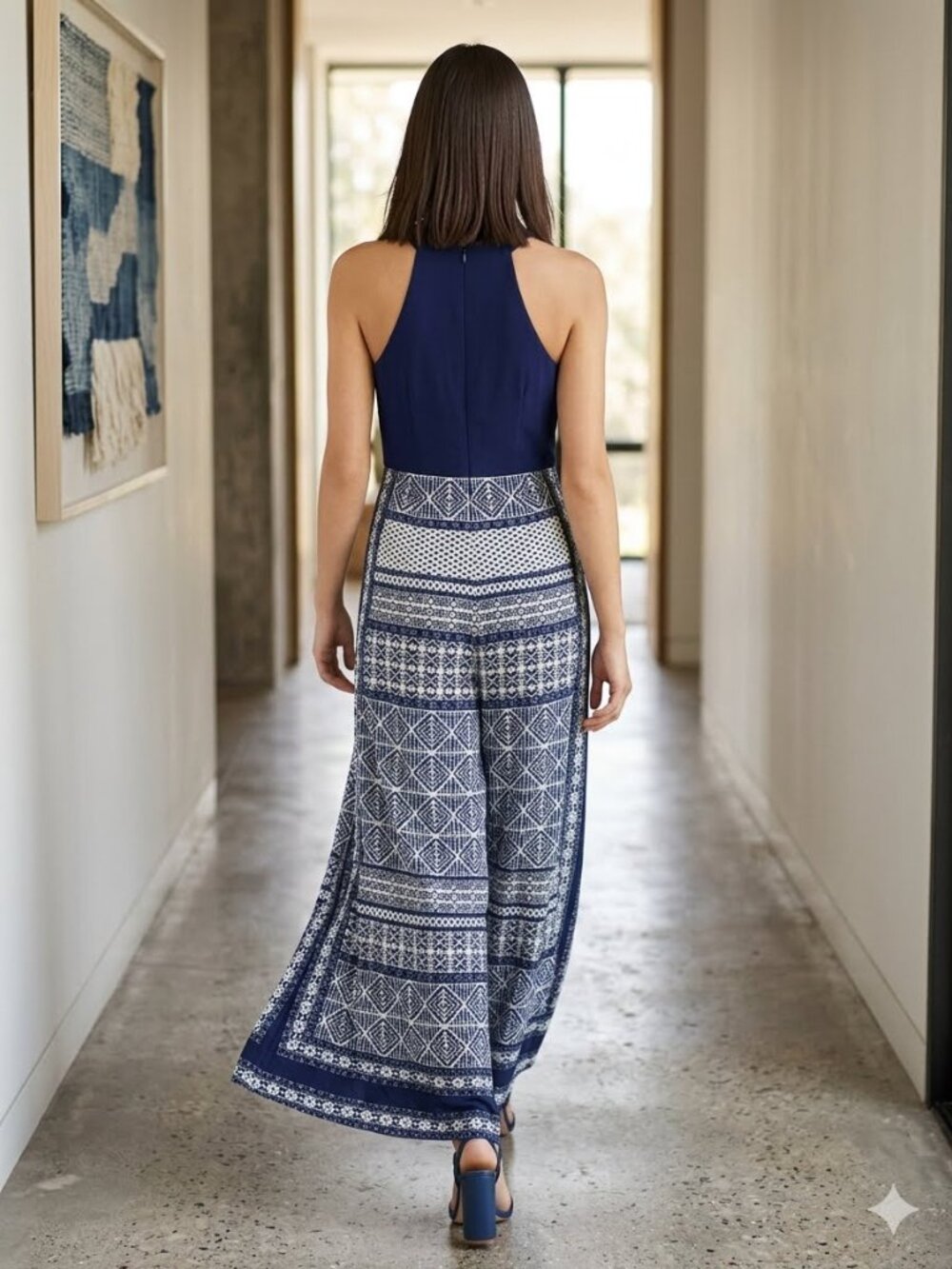 Vince Camuto Navy Geometric Halter Jumpsuit with Wide Leg, Size 4 - Picture 2 of 10